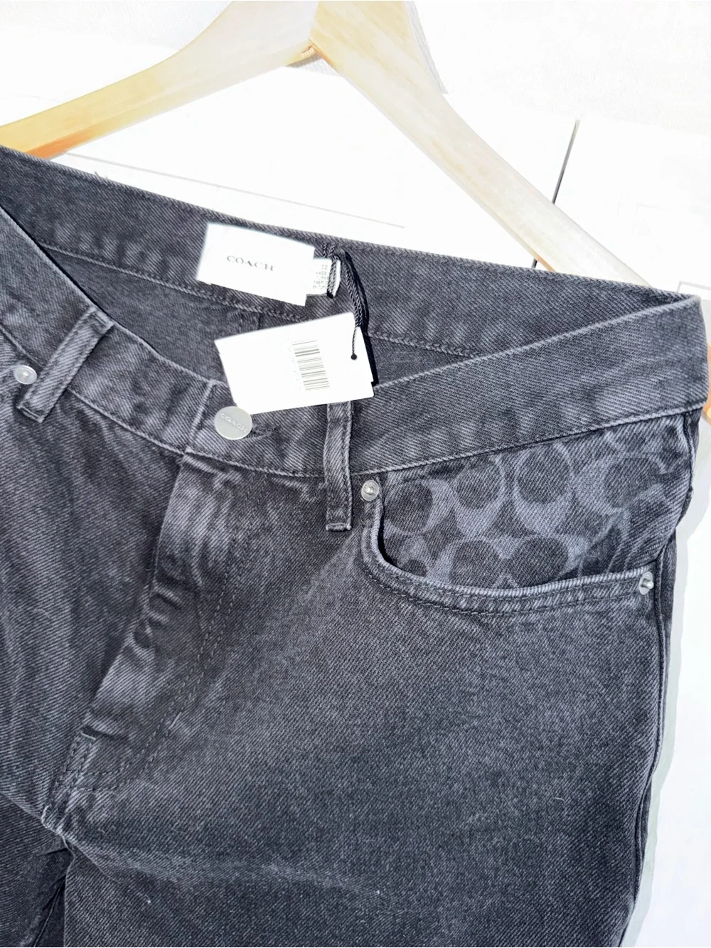 Coach Straight Fit Black Washed Jeans with Signature Logo Pocket